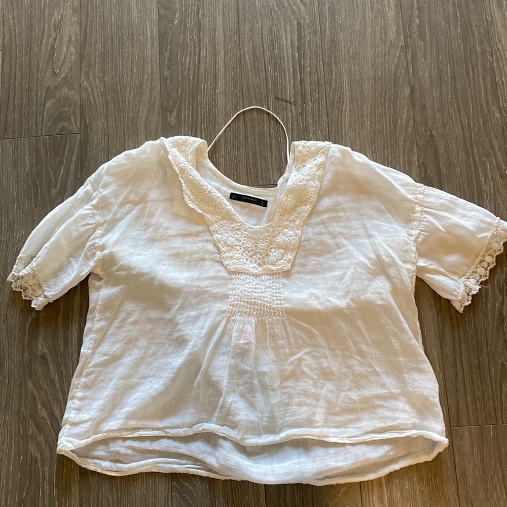 Zara Basic White Linen Shirt with Embroidered Crochet Lace Detail